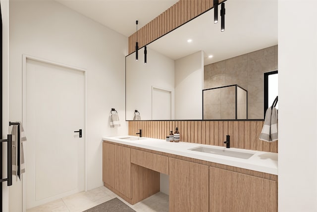 bathroom with walk in shower, vanity, and tile patterned flooring