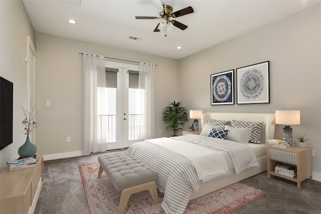 carpeted bedroom with french doors, access to exterior, and ceiling fan