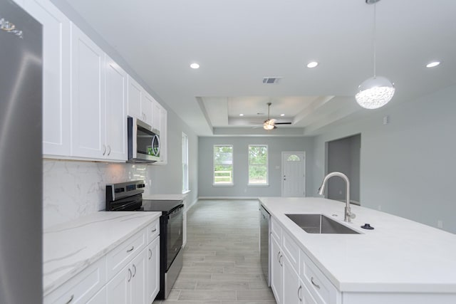 1022 Adams St, Cleveland, TX 77327 - kitchen with a sink, appliances with stainless steel finishes, a tray ceiling, recessed lighting, and backsplash