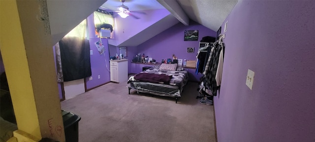 carpeted bedroom with lofted ceiling with beams and ceiling fan