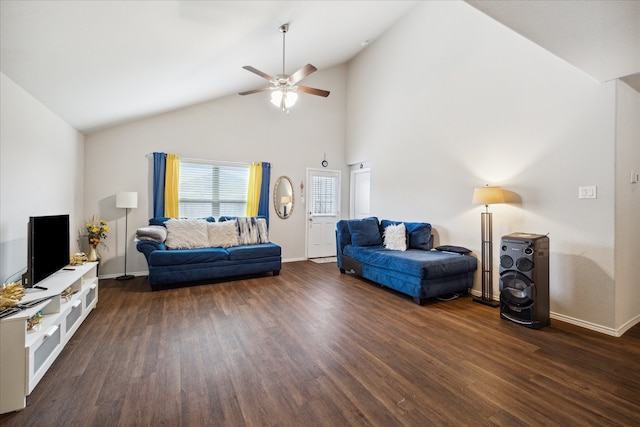 living room featuring high vaulted ceiling, ceiling fan, and dark hardwood / wood-style floors