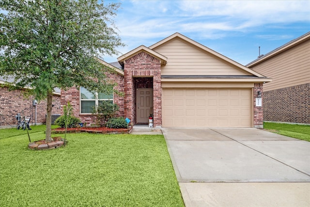 ranch-style house featuring a front lawn and a garage