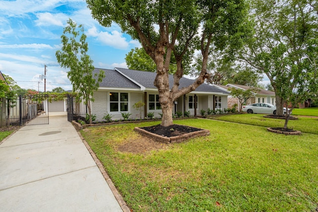 single story home with a front lawn and a garage