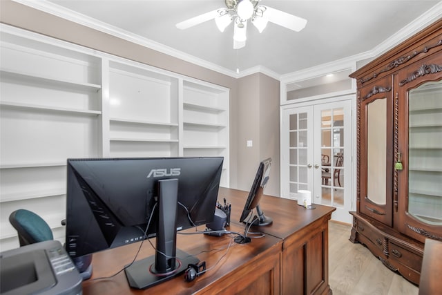 office area with crown molding, french doors, ceiling fan, and light hardwood / wood-style floors