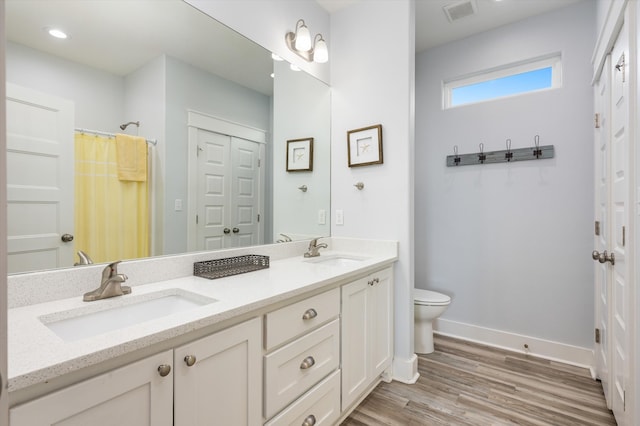 bathroom with wood-type flooring, vanity, and toilet