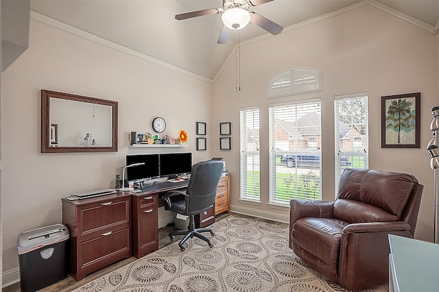 home office featuring ornamental molding, high vaulted ceiling, light tile patterned floors, and ceiling fan