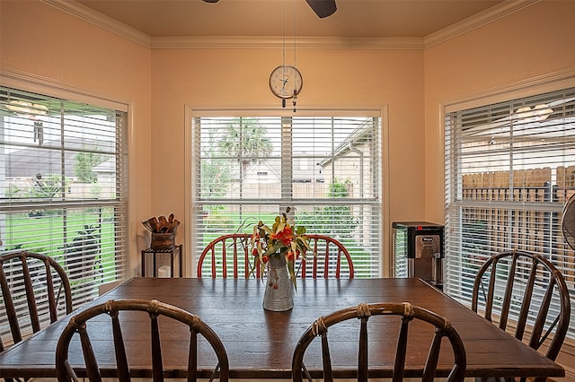 dining space featuring plenty of natural light and ornamental molding