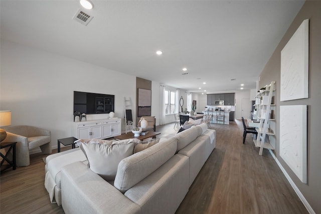 living room with dark hardwood / wood-style flooring