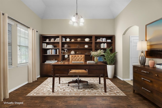 office featuring dark hardwood / wood-style flooring, vaulted ceiling, and a notable chandelier