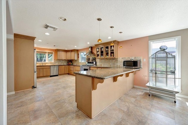 kitchen featuring kitchen peninsula, a wealth of natural light, wall chimney exhaust hood, and appliances with stainless steel finishes