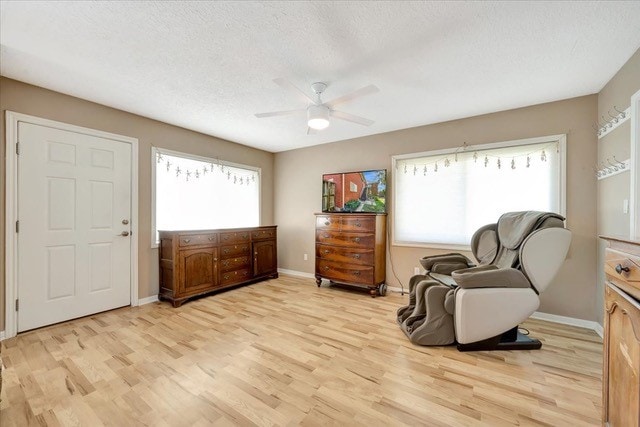 sitting room with light hardwood / wood-style floors, plenty of natural light, and ceiling fan