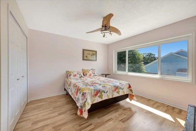 bedroom with ceiling fan, a closet, and light hardwood / wood-style floors