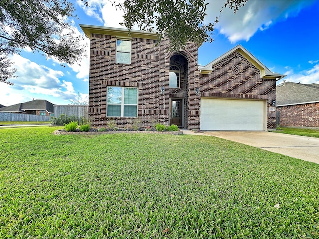 front facade with a garage and a front lawn