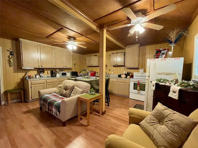 living room with light wood-type flooring and ceiling fan