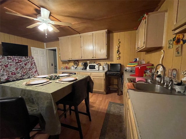 kitchen with ceiling fan, wooden walls, light hardwood / wood-style floors, and sink