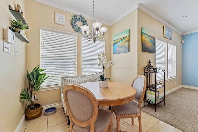 tiled dining space with a chandelier and crown molding