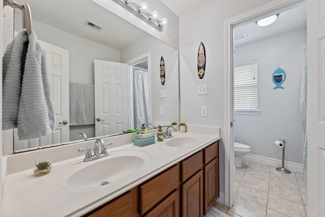 bathroom with vanity, toilet, and tile patterned floors