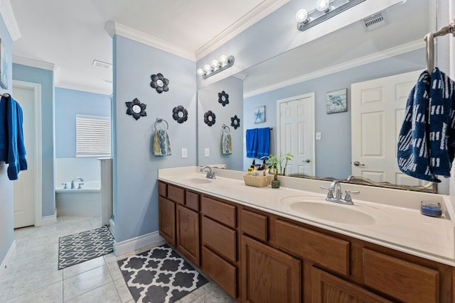 bathroom with crown molding, vanity, a bath, and tile patterned flooring