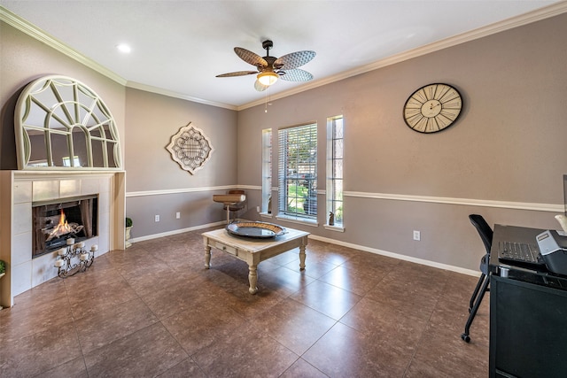 interior space featuring ceiling fan, a fireplace, and ornamental molding