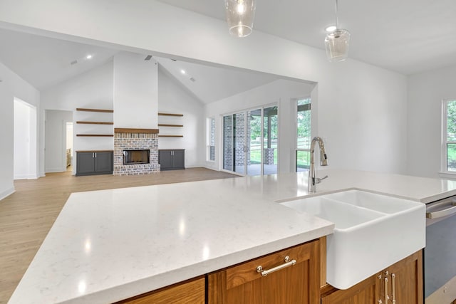 kitchen with light wood-type flooring, a wealth of natural light, vaulted ceiling, and dishwasher