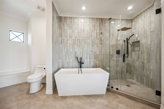 bathroom with crown molding, toilet, independent shower and bath, and tile patterned floors