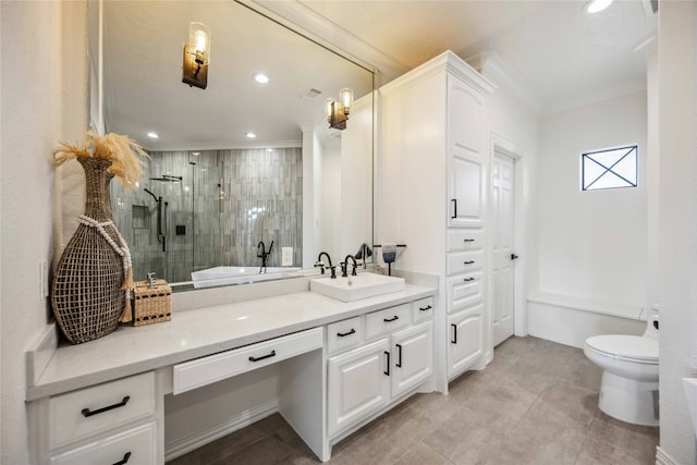 bathroom featuring toilet, tile patterned flooring, ornamental molding, vanity, and tiled shower