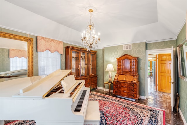 bedroom featuring lofted ceiling, a tray ceiling, an inviting chandelier, and crown molding