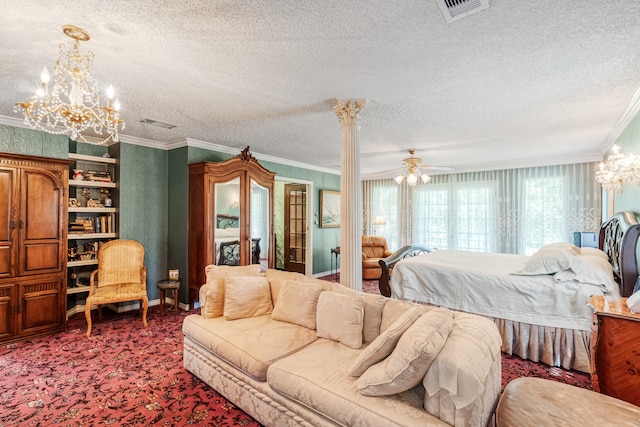 carpeted bedroom with a textured ceiling, crown molding, and ceiling fan with notable chandelier