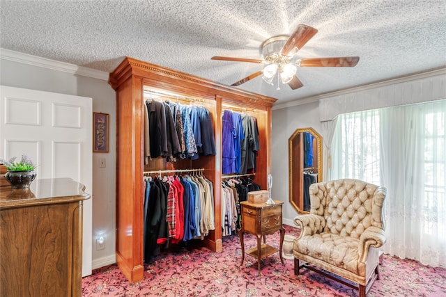 interior space with ceiling fan, carpet floors, a textured ceiling, and ornamental molding