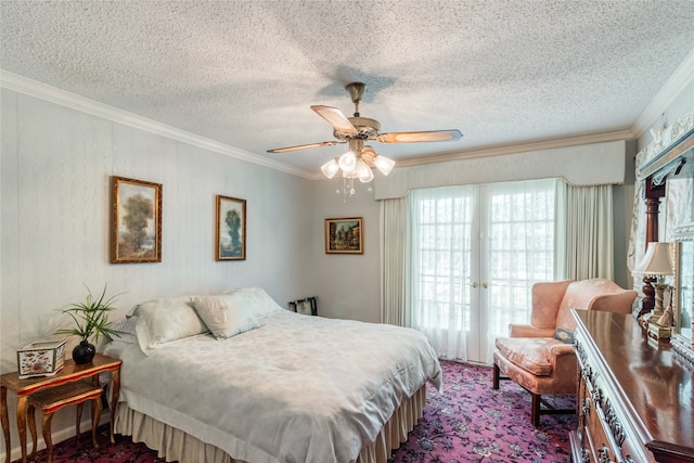 bedroom with a textured ceiling, ceiling fan, ornamental molding, and dark colored carpet