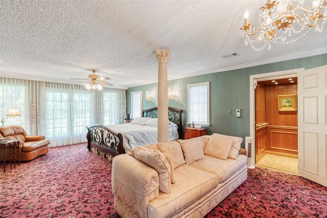 carpeted bedroom featuring wooden walls, ensuite bath, ceiling fan with notable chandelier, ornamental molding, and a textured ceiling