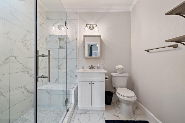 bathroom featuring walk in shower, vanity, crown molding, and toilet