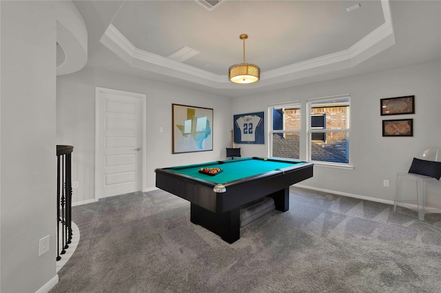 playroom featuring dark carpet, pool table, a tray ceiling, and crown molding