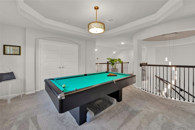 playroom featuring light colored carpet, ornamental molding, a raised ceiling, and pool table