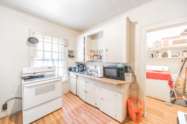 kitchen with crown molding, light hardwood / wood-style floors, white cabinetry, sink, and white range with electric stovetop