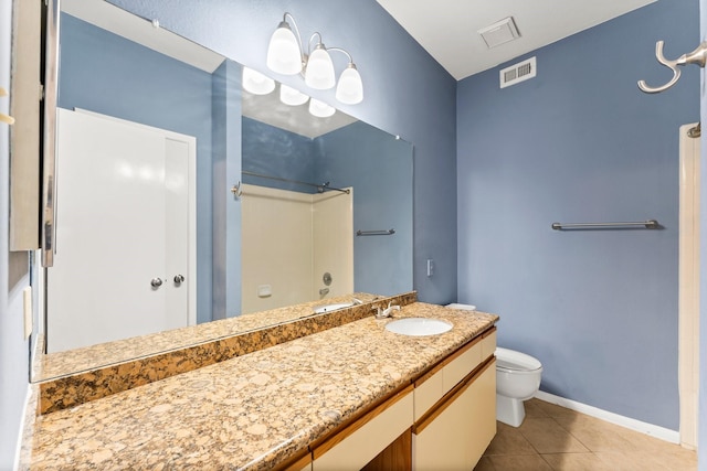 bathroom with vanity, toilet, visible vents, a shower, and tile patterned flooring