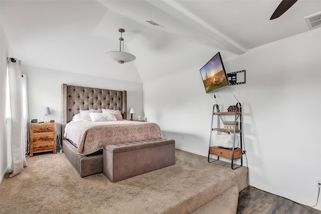 bedroom featuring vaulted ceiling with beams and ceiling fan