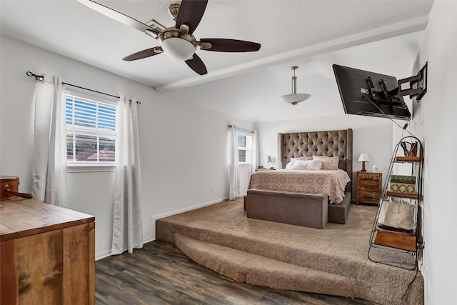 bedroom with ceiling fan and dark hardwood / wood-style flooring