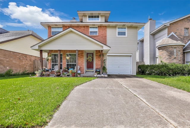 view of front of house featuring a porch, a garage, and a front lawn