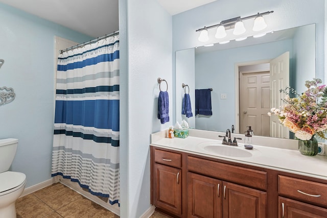 bathroom featuring vanity, tile patterned floors, toilet, and a shower with curtain