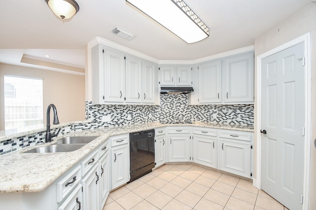 kitchen with white cabinetry, backsplash, sink, and black appliances