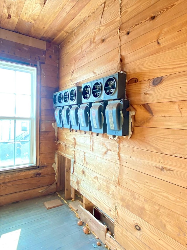 2127 Broadway St, Galveston, TX 77550 - details with electric meter, wood finished floors, wooden walls, and wooden ceiling