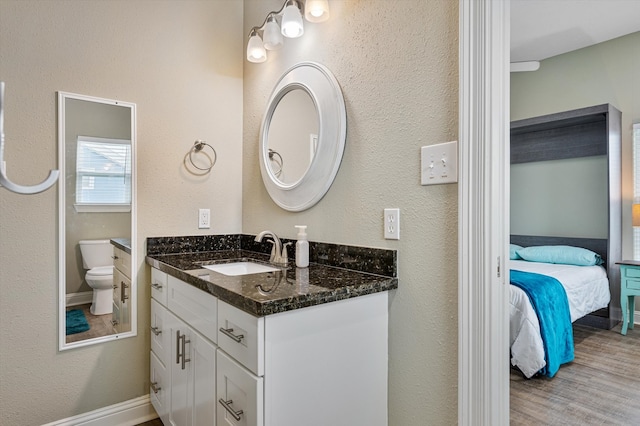 bathroom featuring vanity, toilet, and hardwood / wood-style flooring