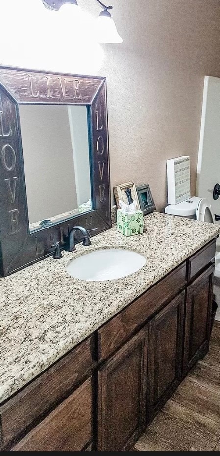 bathroom with vanity, toilet, and hardwood / wood-style flooring