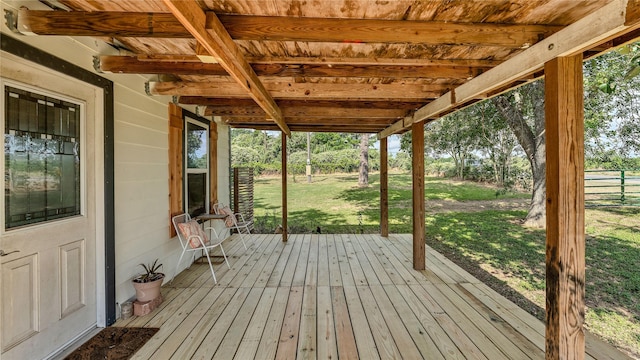 wooden deck featuring fence and a lawn