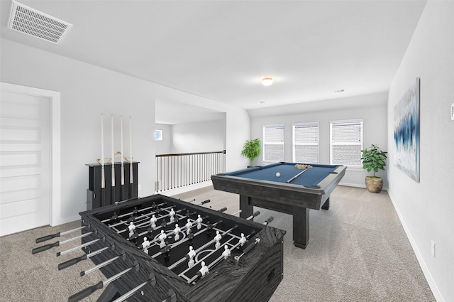 playroom featuring visible vents, baseboards, billiards, and carpet