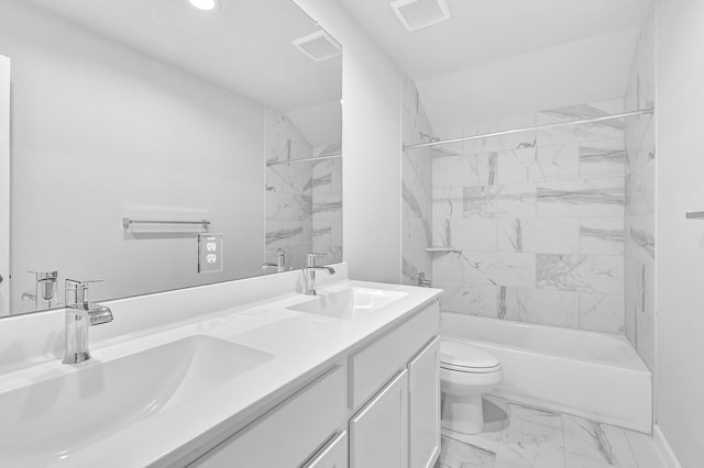 full bathroom with a sink, visible vents, toilet, and marble finish floor