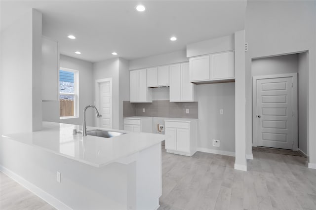 kitchen with light hardwood / wood-style floors, white cabinets, decorative backsplash, kitchen peninsula, and sink