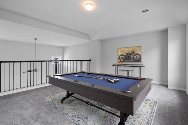 recreation room with billiards and carpet floors