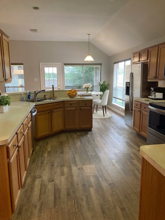 kitchen with dark wood-type flooring, appliances with stainless steel finishes, plenty of natural light, and hanging light fixtures